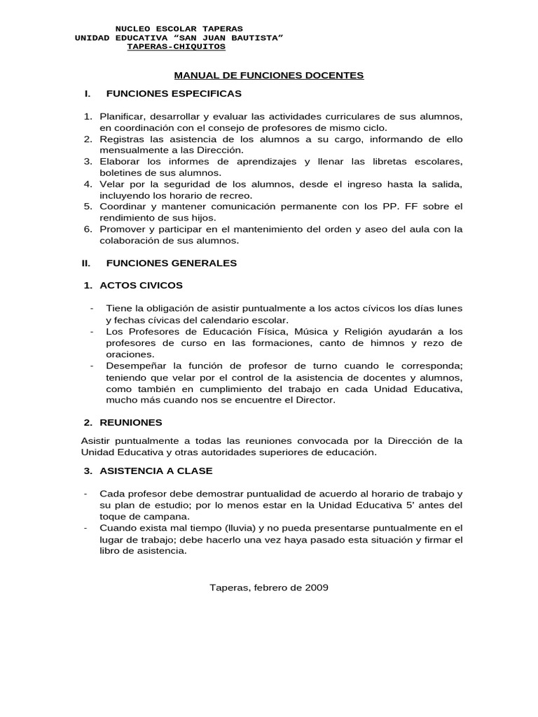 Manual de Funciones Docentes Taperas | PDF