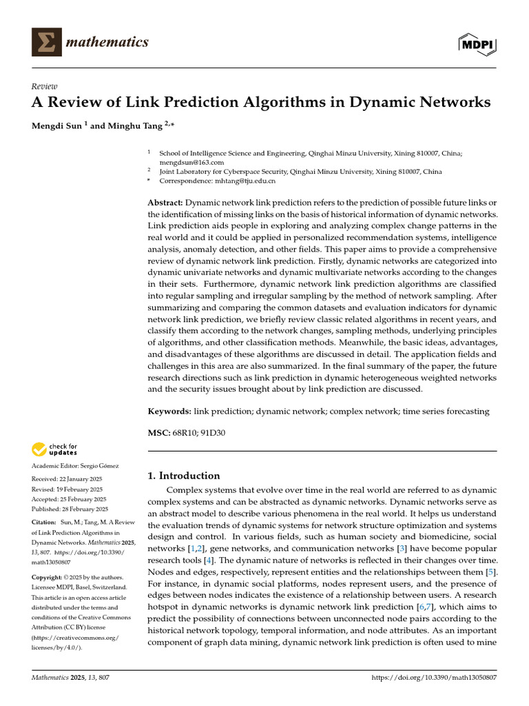 Review of Dynamic Network Link Prediction | PDF | Matrix (Mathematics ...