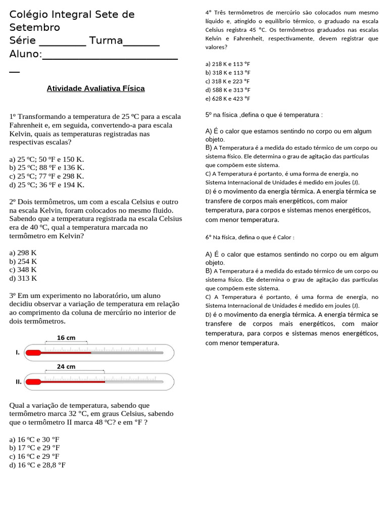 Atividade de Física: Conversão de Temperaturas | PDF | Temperatura ...