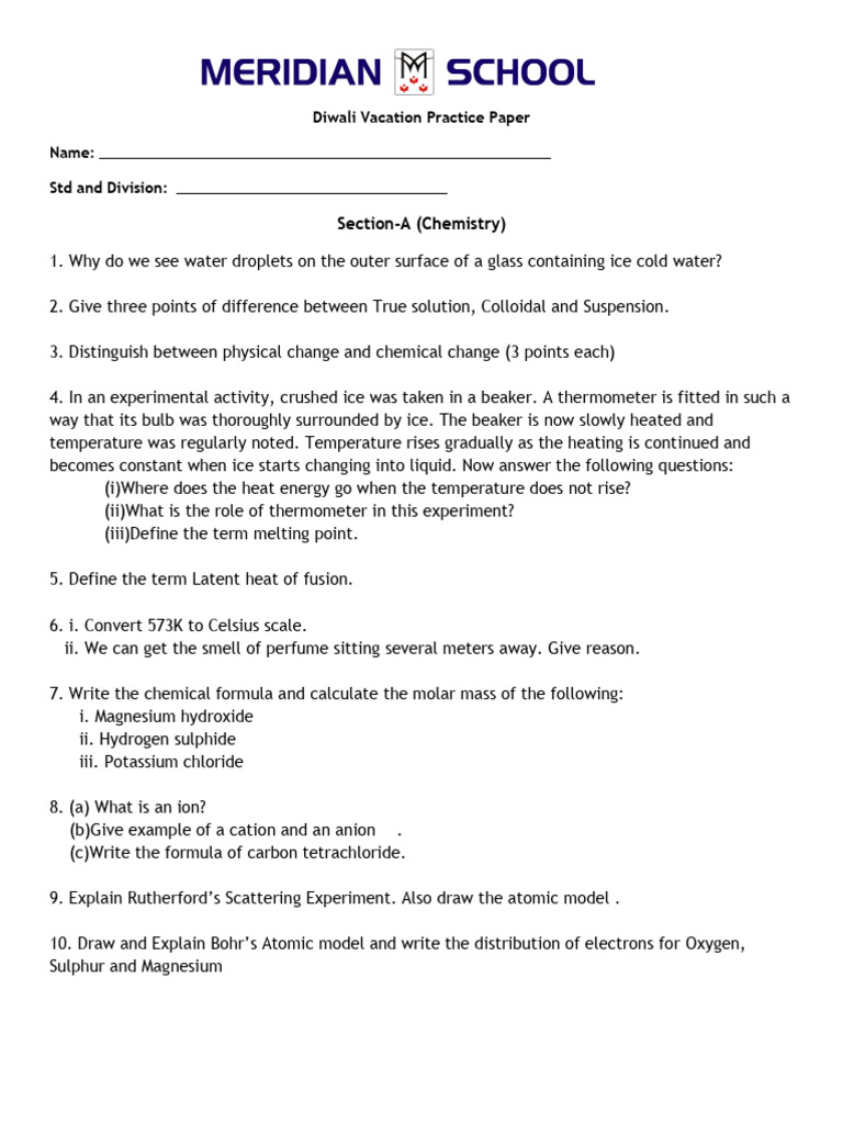 Diwali Chemistry and Physics Practice Paper | PDF | Mass | Force