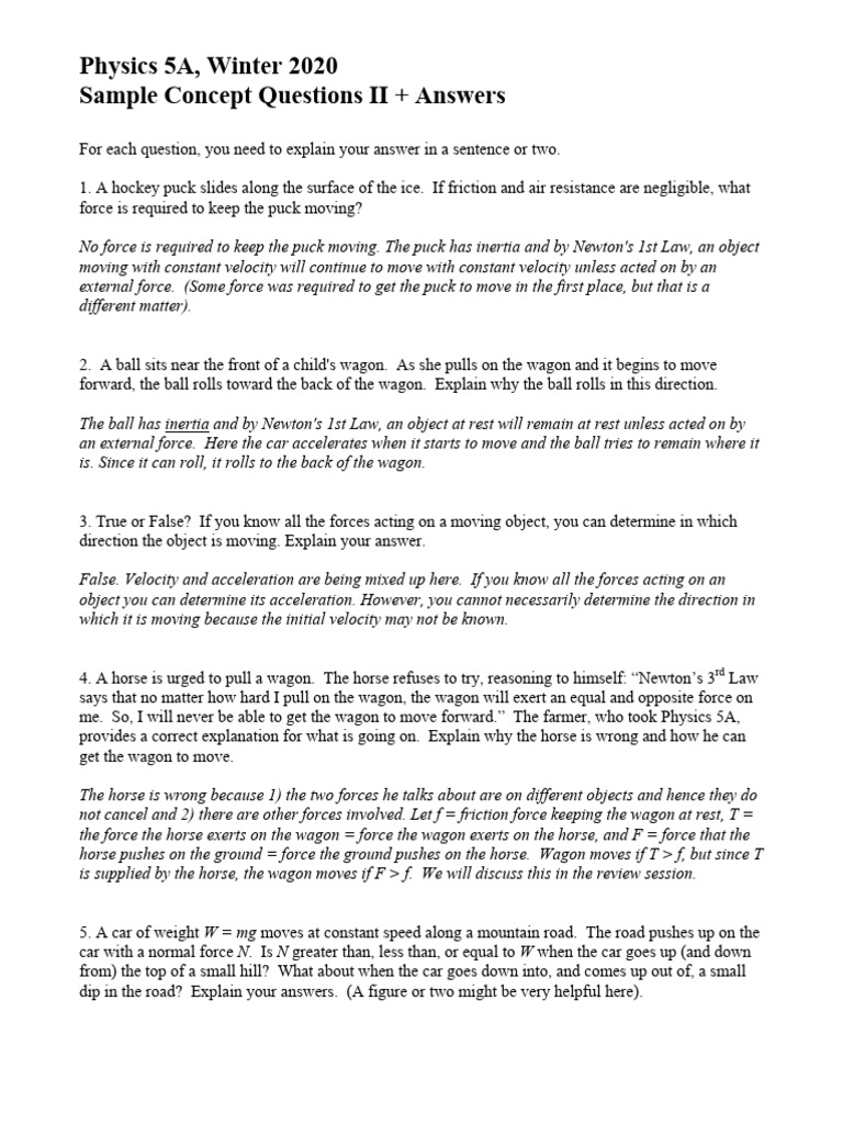 5A Sample Concept Questions II Answers | PDF | Force | Acceleration