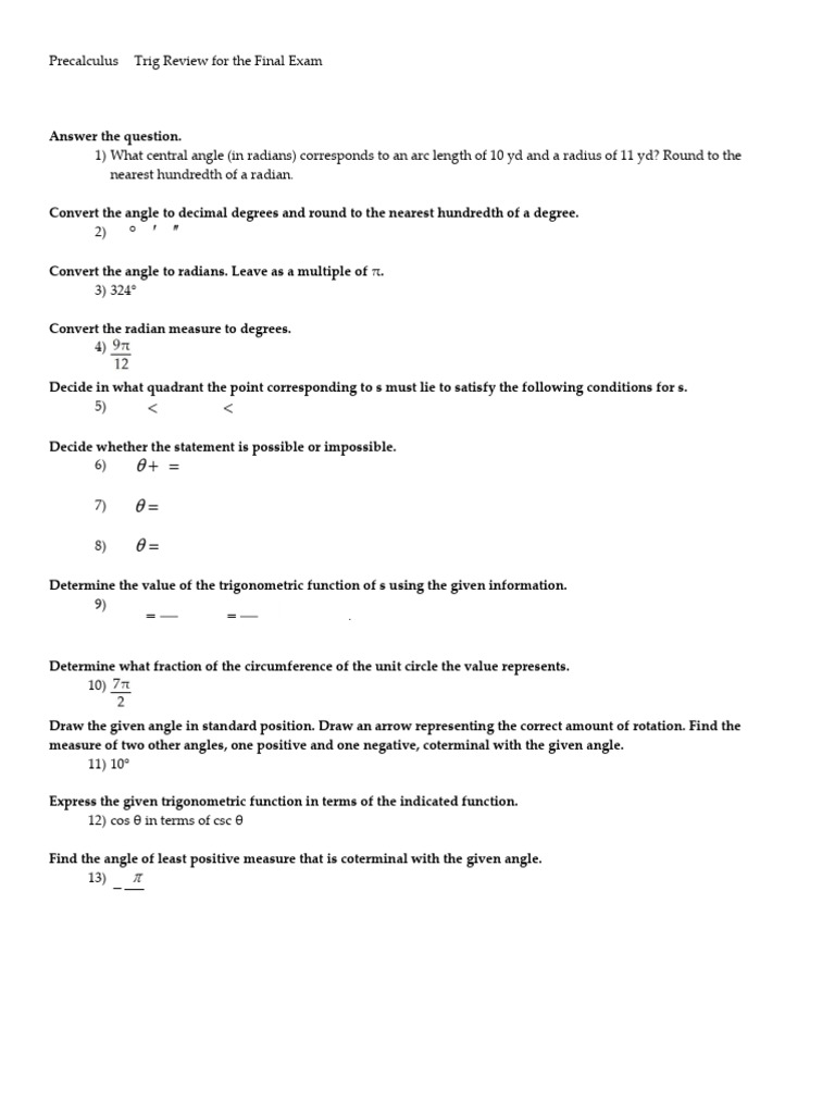 Trigonometry Final Exam Review Guide | PDF | Trigonometric Functions ...