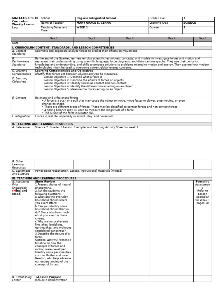 Grade 7 Science Forces Lesson Plan | PDF | Force | Educational Assessment