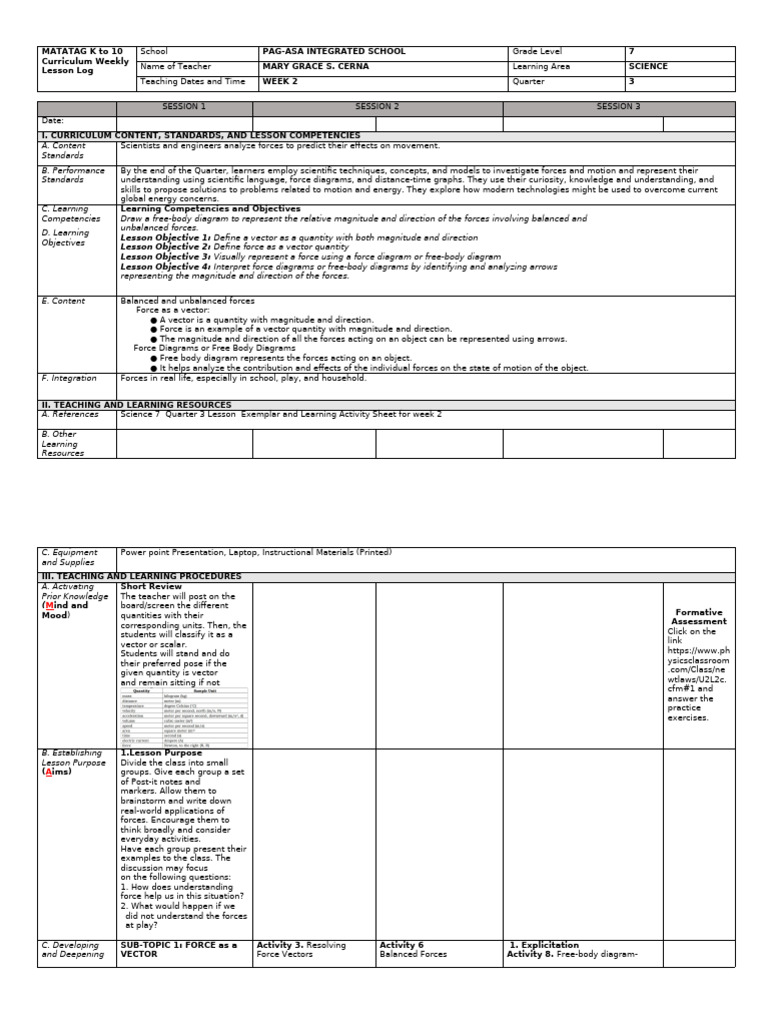 DLL - G7science - Q3 - Week 2 | PDF | Force | Euclidean Vector