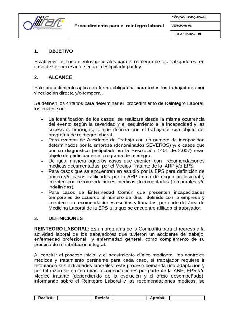 Procedimiento de Reintegro Laboral | PDF | Seguridad y salud ocupacional