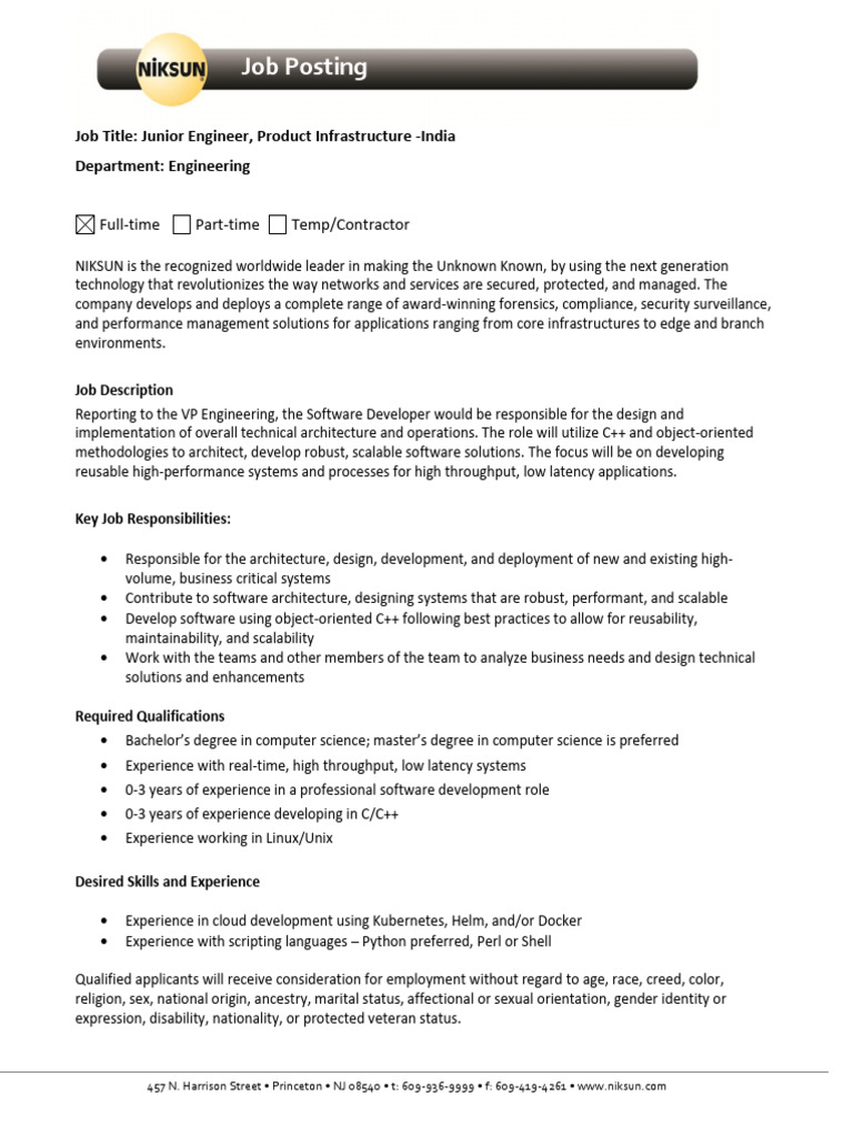 Junior Engineer Position at NIKSUN | PDF | Computing | Software Engineering