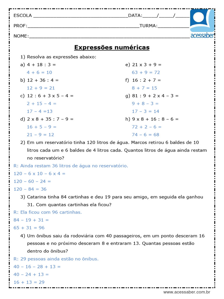 Atividade de Matematica Expressoes Numericas 5 Ano Respostas 1 | PDF