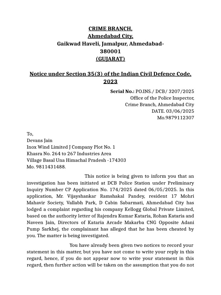Ahmedabad Crime Branch Investigation Notice | PDF | Law Enforcement ...