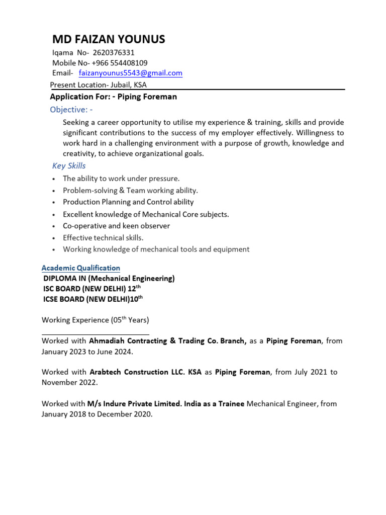 Piping Foreman Application - Md Faizan Younus | PDF