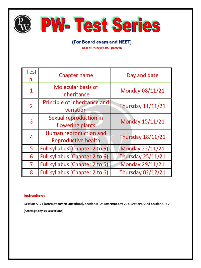 PW Test Datesheet | PDF