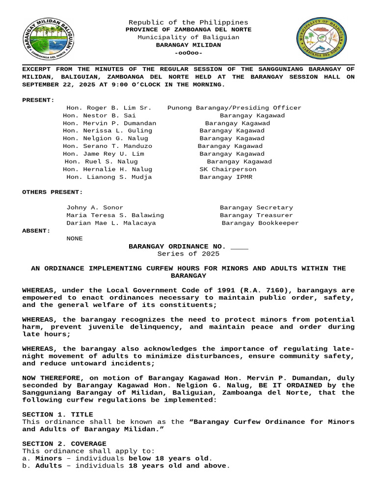 Milidan Barangay Curfew Ordinance 2025 | PDF | Justice | Crime & Violence