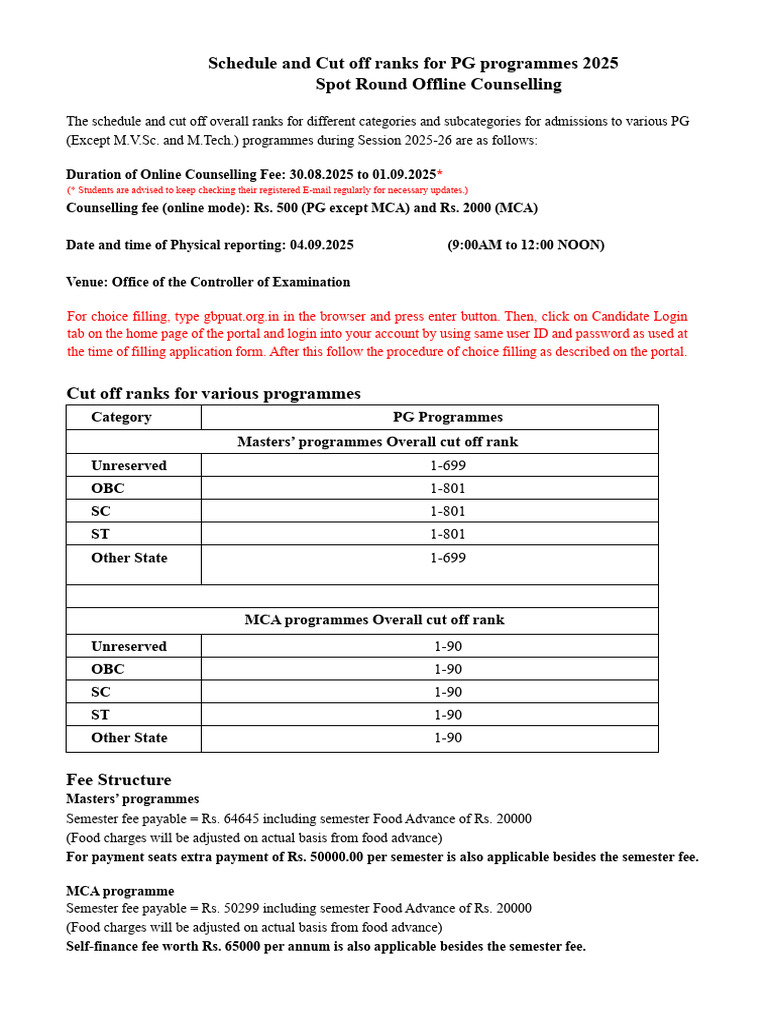 PG Admission Schedule & Cut Off Ranks 2025 | PDF | Agronomy | Agriculture
