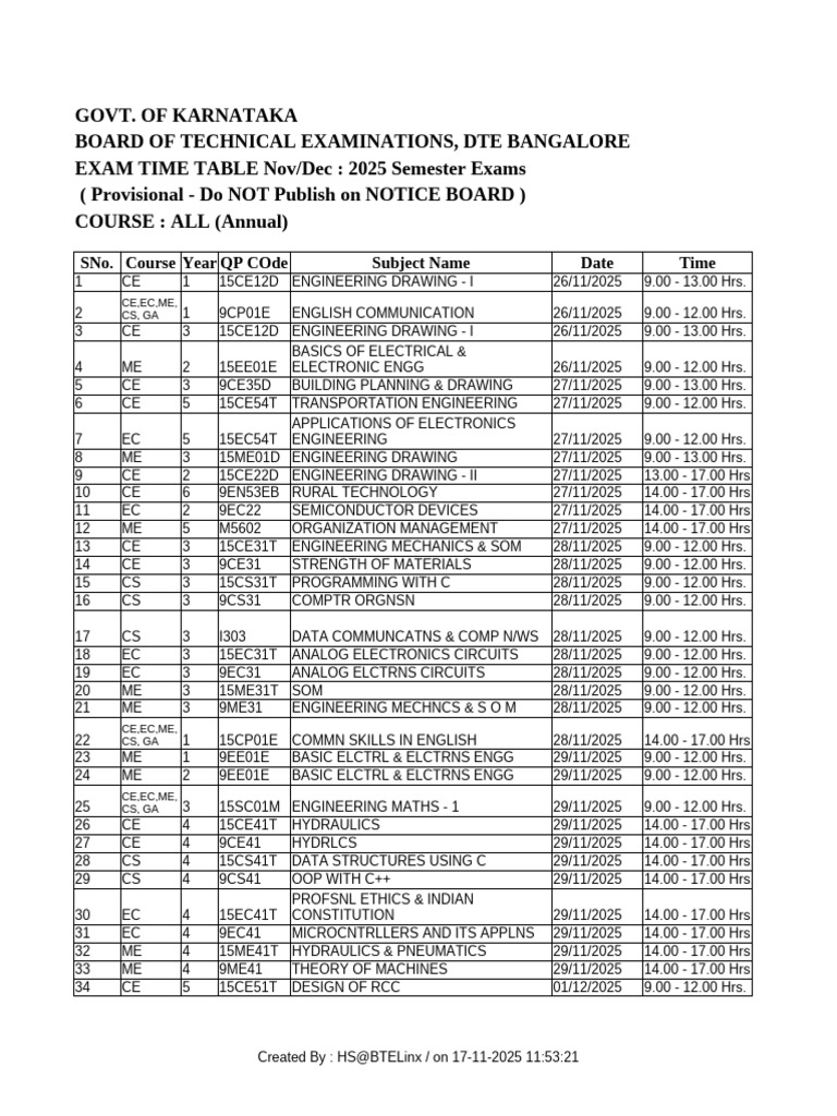 Karnataka Technical Exam Timetable 2025 | PDF | Engineering | Computing