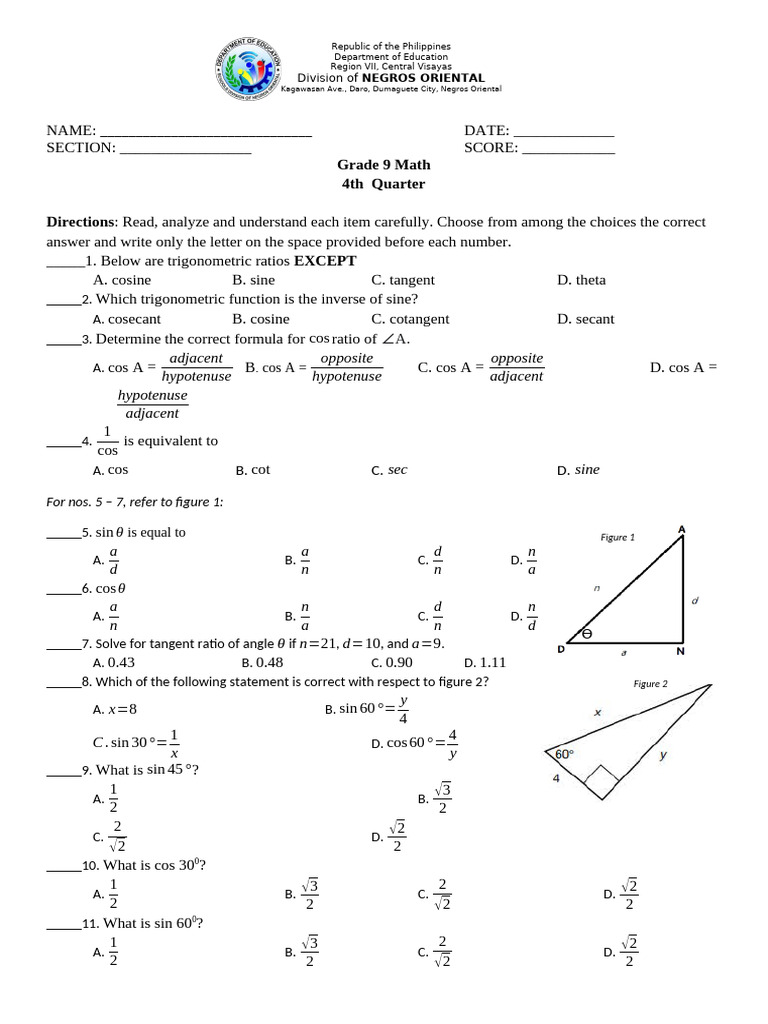 Grade 9 Math Trigonometry Quiz | PDF | Trigonometric Functions ...
