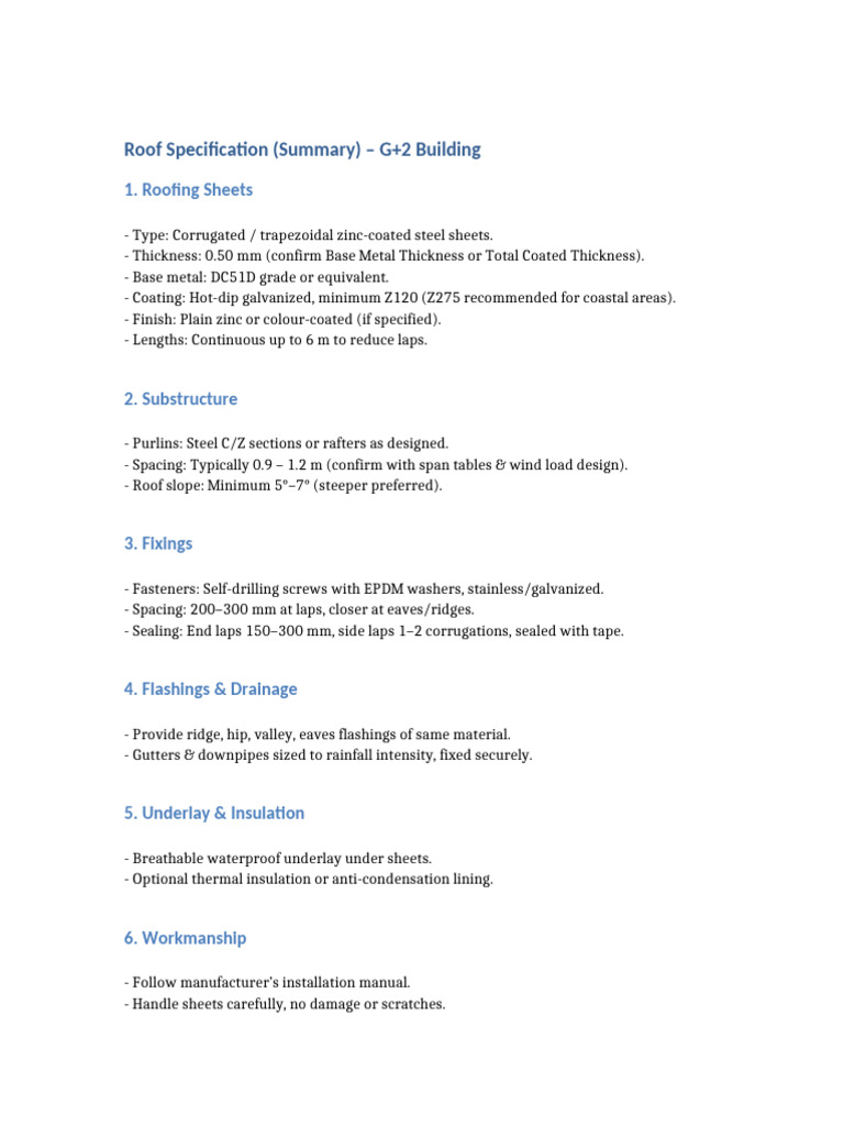 Roof Specification Summary | PDF