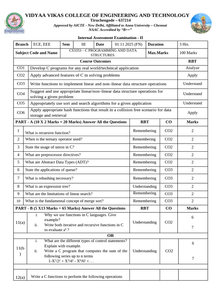 C Programming and Data Structures Exam | PDF | Computer Programming ...