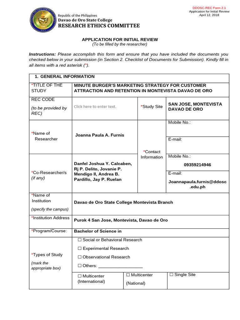 Initial Review Application for Research Ethics | PDF