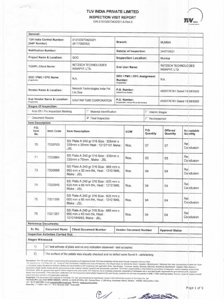 Tuv Inspection Palte Binay Suman | PDF