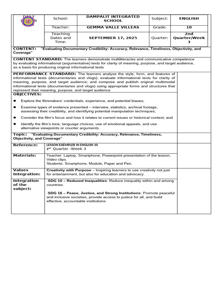 Evaluating Documentary Credibility Lesson | PDF | Human Communication ...