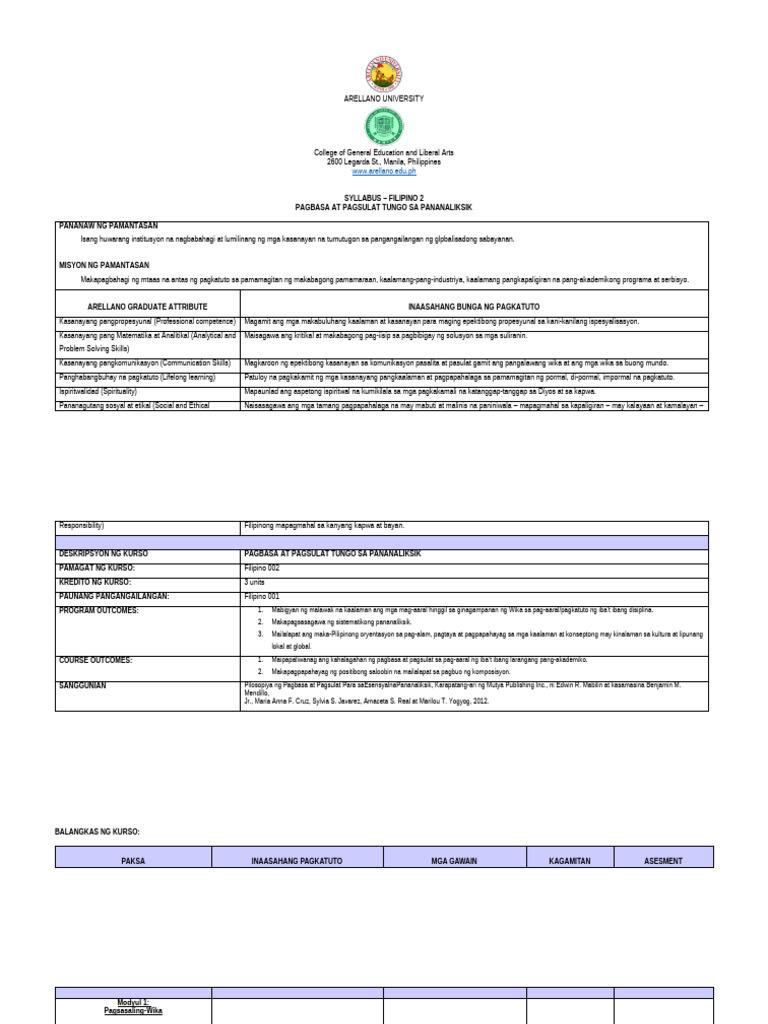 Fil 2 Sillabus Updated As of January 2024 | PDF