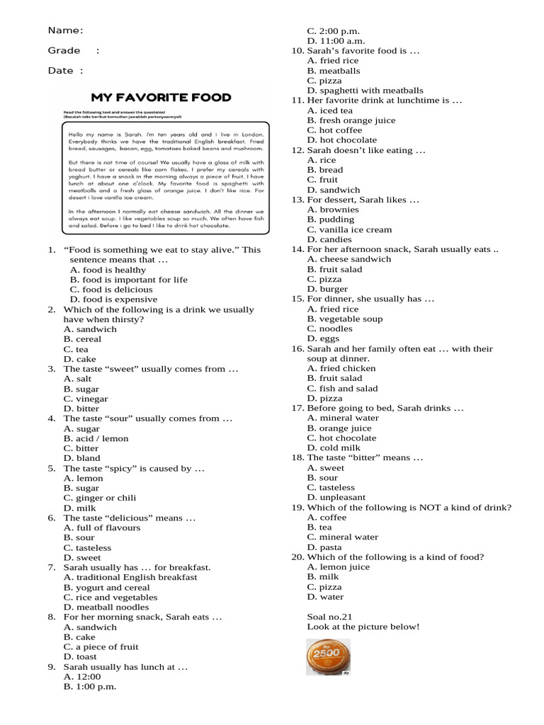 Latihan Bahasa Inggris Kls 5 Taste | PDF | Foods | Lunch