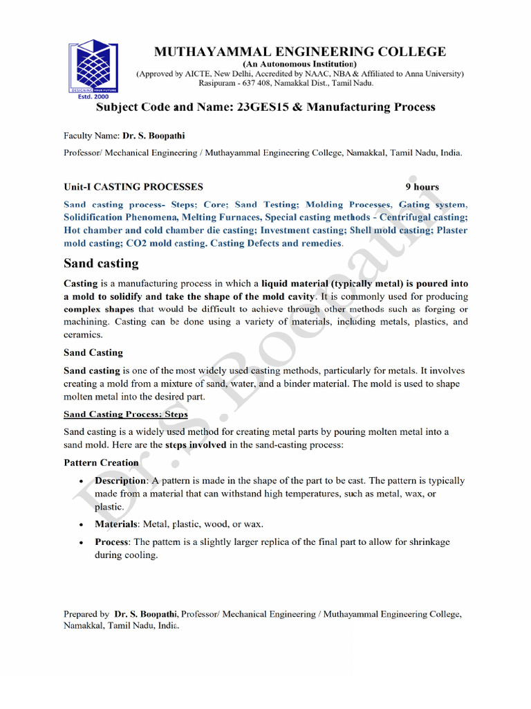 Dr. S.Boopathi - E-books - Unit 1 Manufacturing Processes Lecture Notes ...