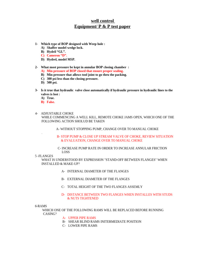 Well Control Equipment and Procedures Quiz | PDF | Gases | Mechanical ...