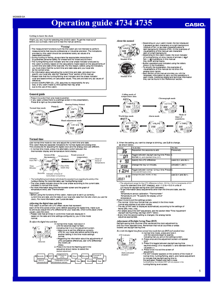 CASIO Watch Operation Guide 4734/4735 | PDF | Daylight Saving Time ...