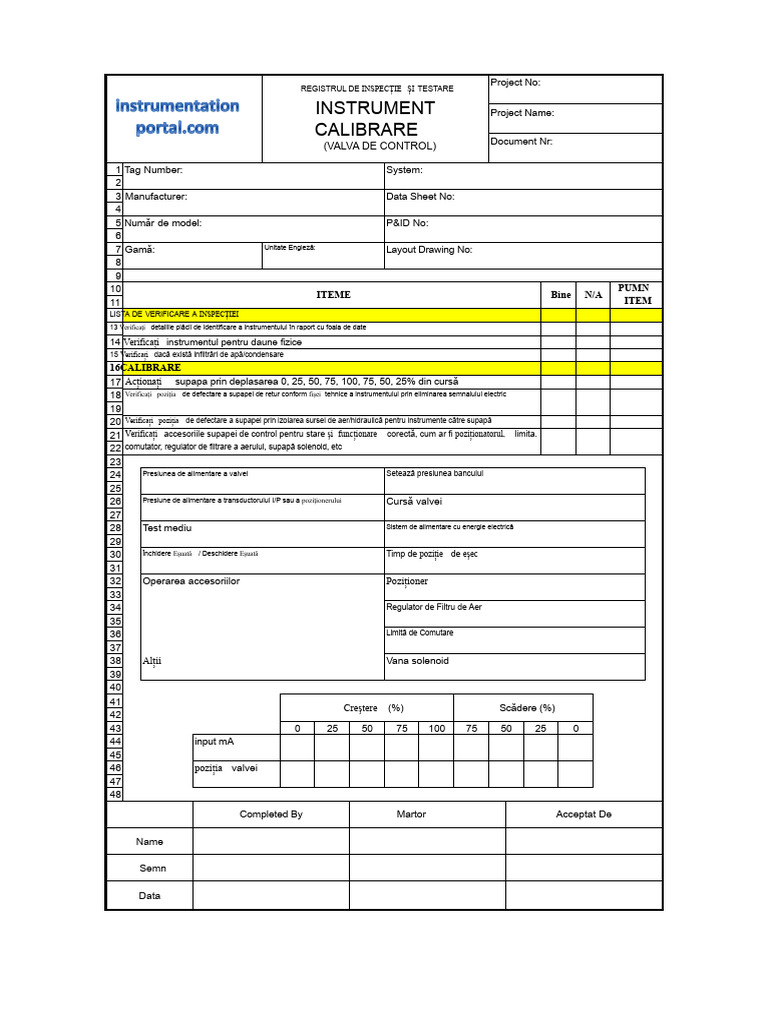 Formular de Calibrare A Valvei de Control IP | PDF