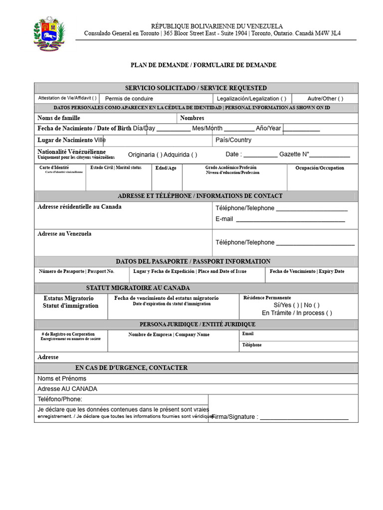 Formulaire de demande consulaire Venezuela | PDF | Document ...