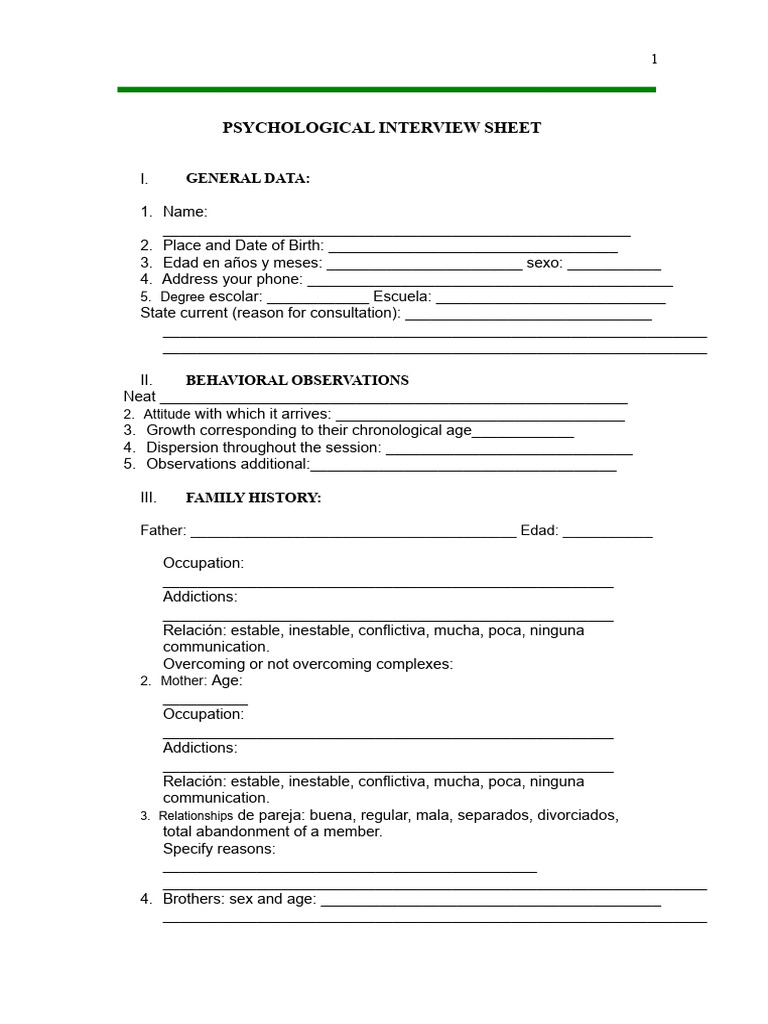 Psychological Interview Sheet Template | PDF | Adolescence | Childhood