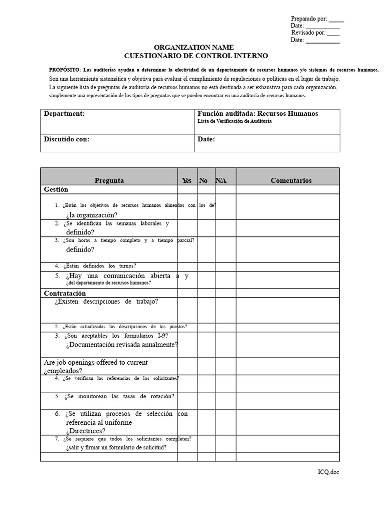 Cuestionario de Auditoría de Recursos Humanos | PDF | Gestión de ...