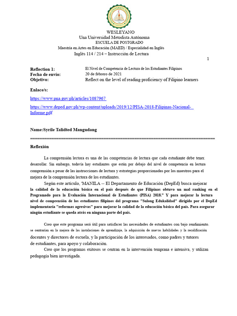 Reflexión-1 Por Syrile Talidted Mangudang | PDF | Literatura ...