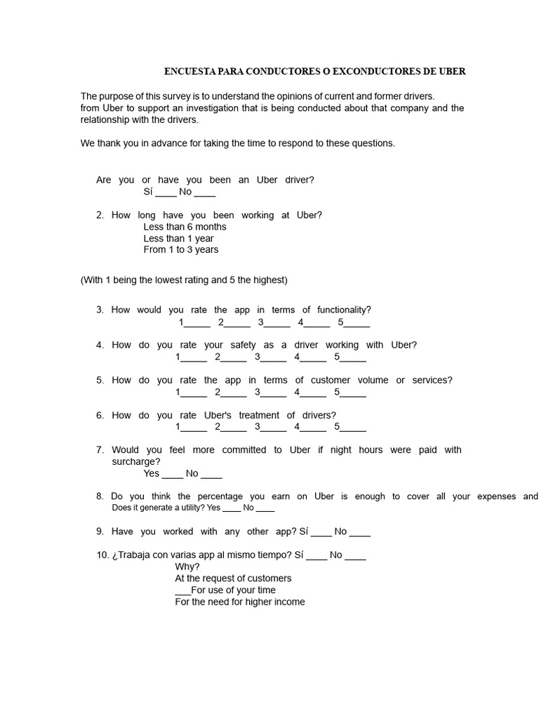 Survey For Uber Drivers or Former Drivers | PDF