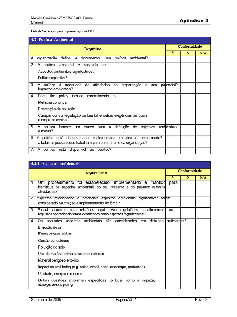 Checklist para Implementação de EMS ISO 14001 | PDF | Gestão de ...