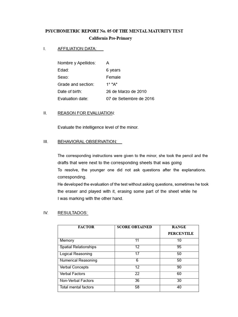 Psychometric Report: Mental Maturity Test | PDF | Reason | Intelligence ...