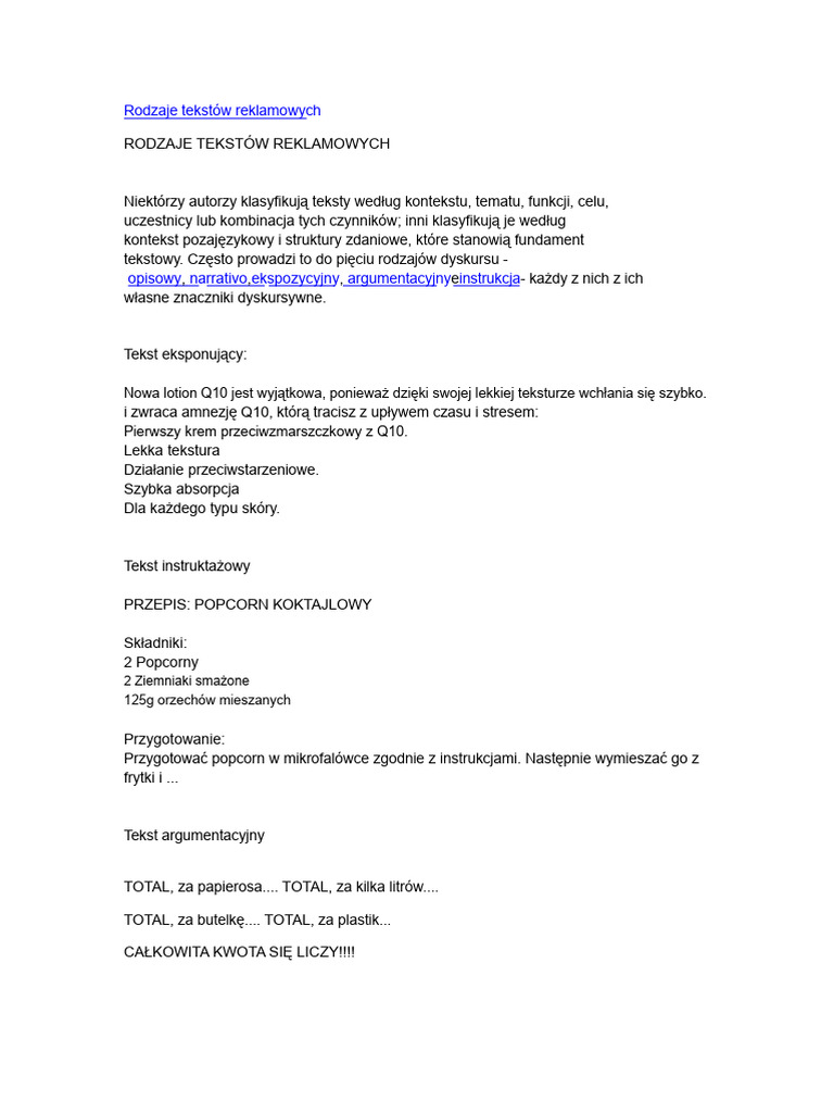 Rodzaje Tekstów Reklamowych | PDF
