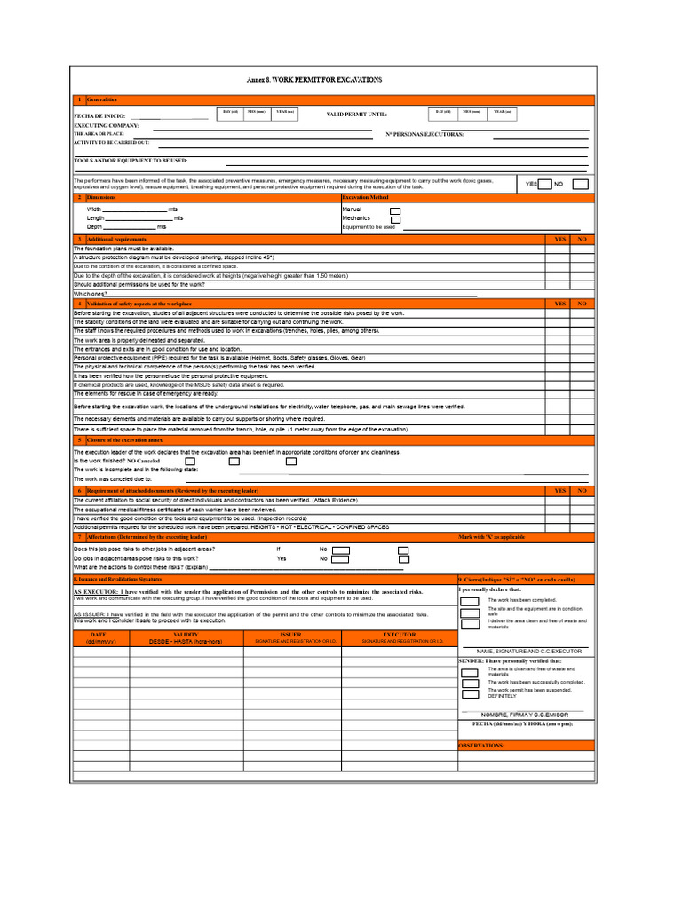 Annex 8 Work Permit For Excavations - SST | PDF | Personal Protective ...