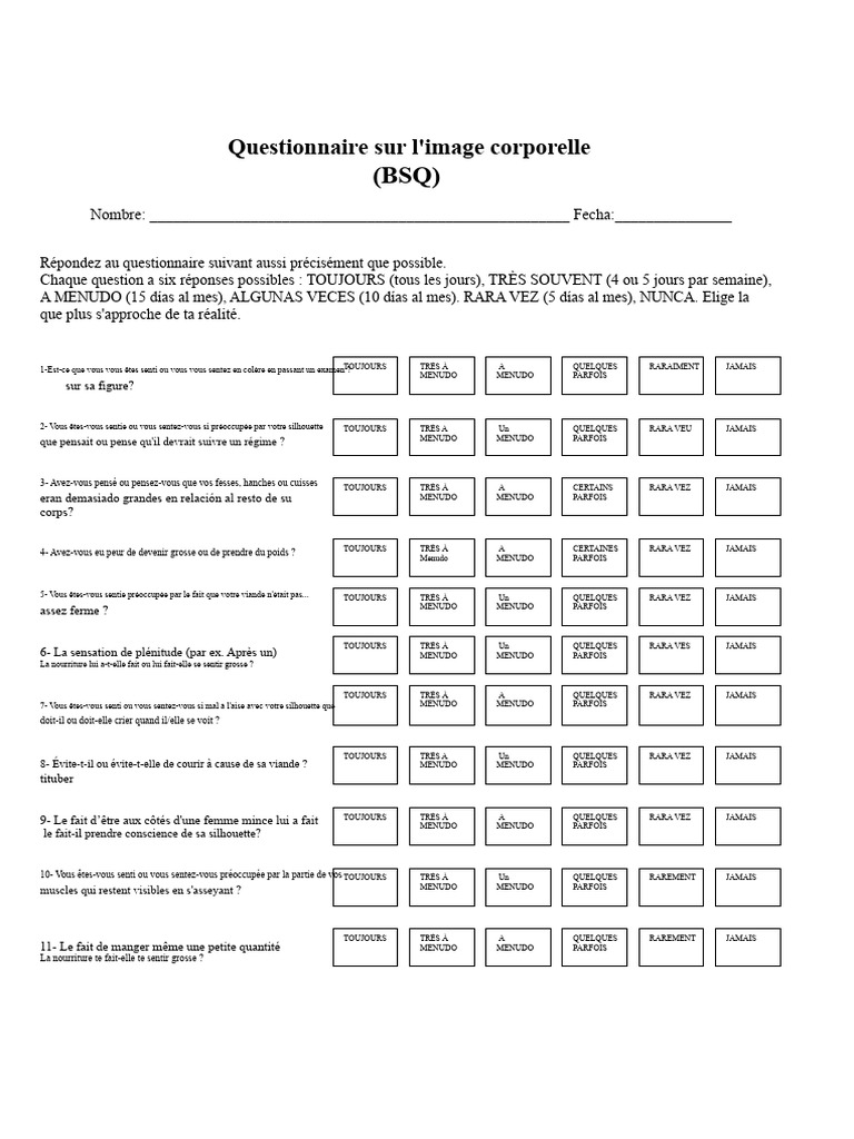 Questionnaire sur l'image corporelle (BSQ) | PDF | Trouble mental | Obésité