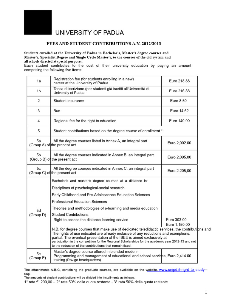 University of Padua Fees and Contributions | PDF | Academic Degree | Fee