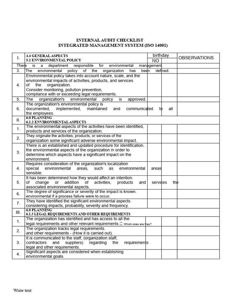 ISO 14001 Internal Audit Checklist | PDF | Environmental Resource ...