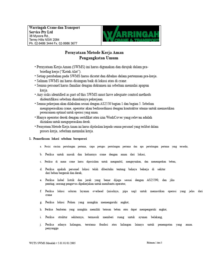 SWMS Pengangkatan Umum Warringah Crane | PDF
