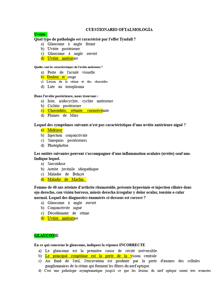 Questionnaire sur l'Uvéite et le Glaucome | PDF | Glaucome | Ophtalmologie