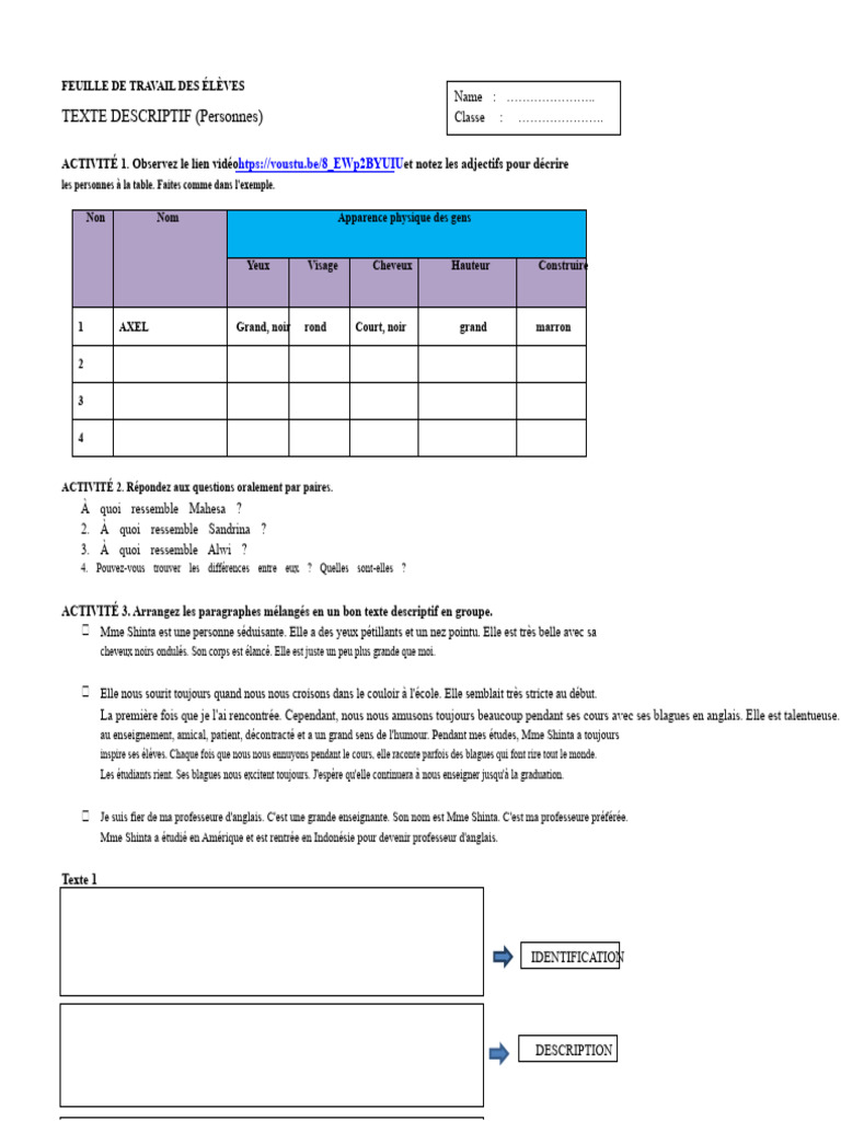 Feuille de travail sur la description des personnes | PDF