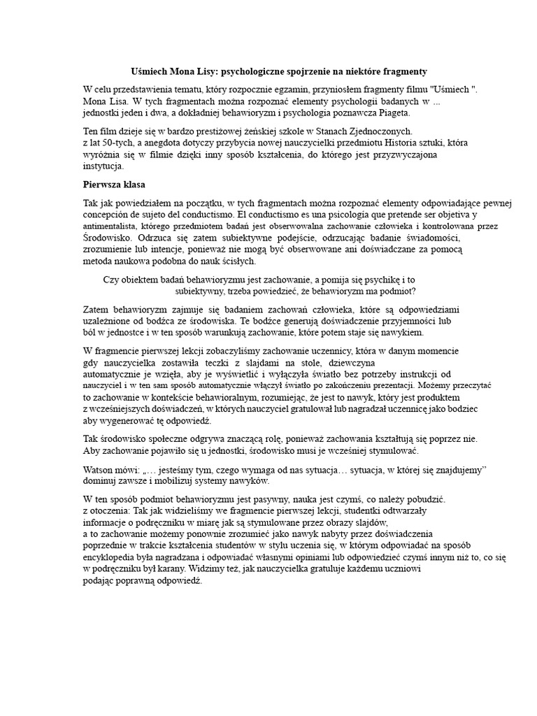 Uśmiech Mona Lisy - Analiza Psychologiczna | PDF