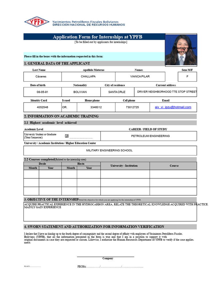 Internship Form Ypfb | PDF