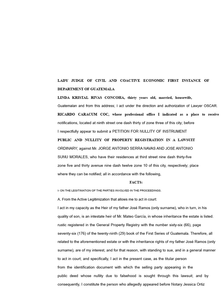 Ordinary Trial For Nullity of Public Instrument and Nullity of Property ...