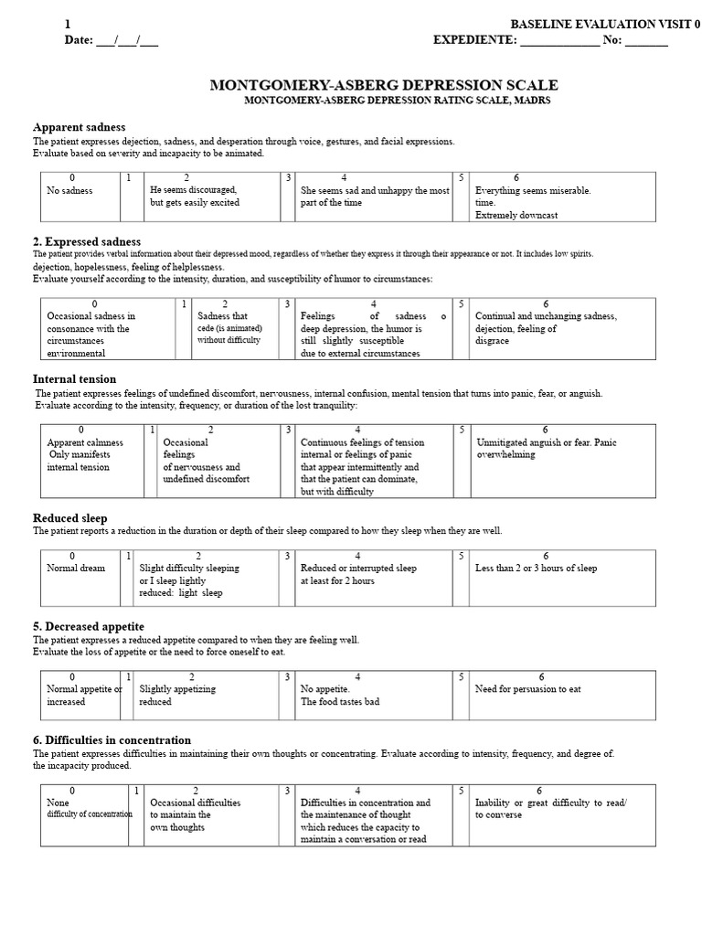 MADRS Depression Evaluation Scale | PDF | Depression (Mood) | Major ...