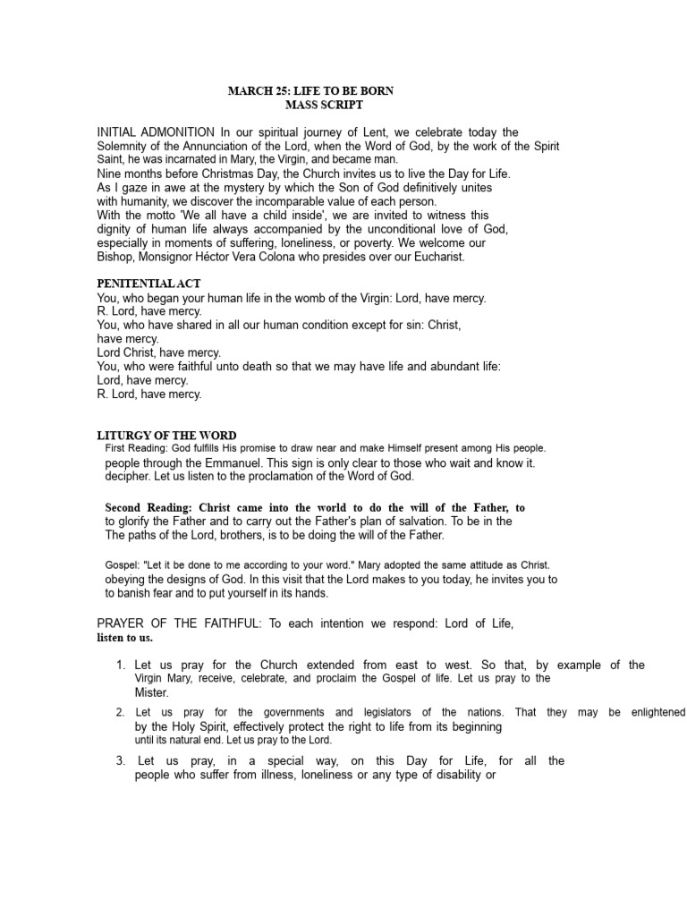 Annunciation Mass Script for Life | PDF | Eucharist | Mass (Liturgy)