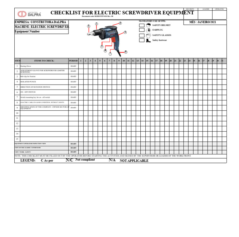 Electric Screwdriver Safety Checklist | PDF | Equipment